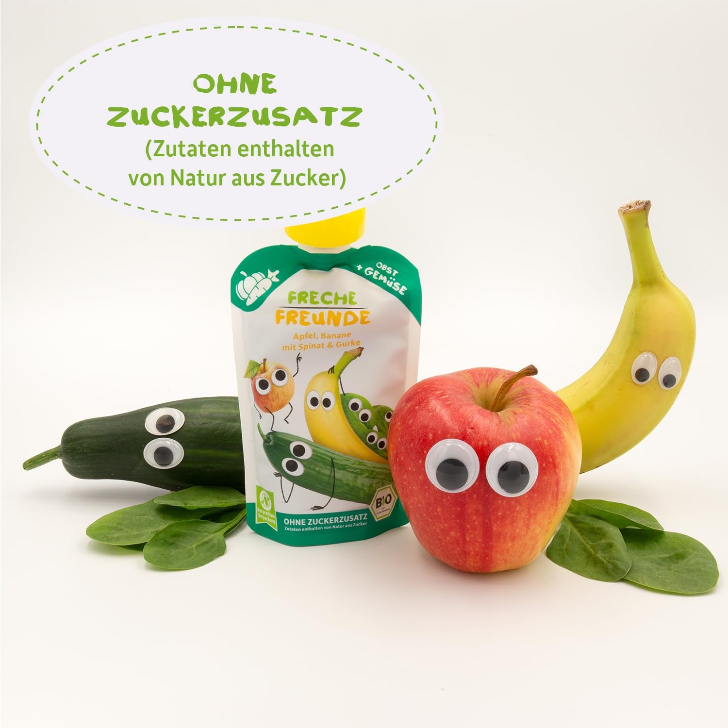 FRECHE FREUNDE busta di frutta spremibile biologica con mele, banane, spinaci e cetrioli, purea di frutta e verdura in busta spremibile per bambini a partire da 6 mesi, vegana, confezione da 6 (6 x 100 g)