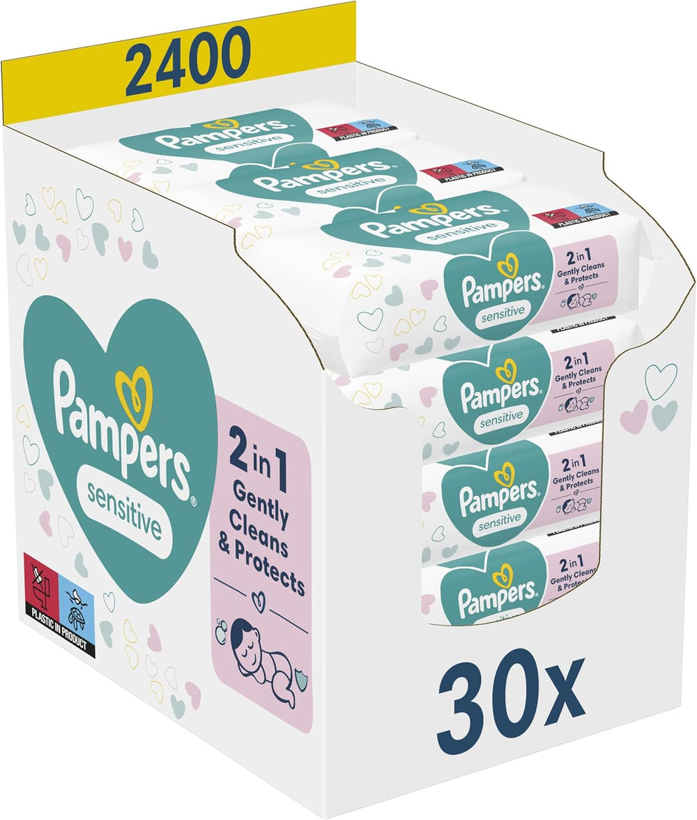 Salviette per neonati Pampers Sensitive, confezione da 15 da 80 salviette, 1200 salviette per neonati, pulizia delicata 2 in 1 e protezione della pelle