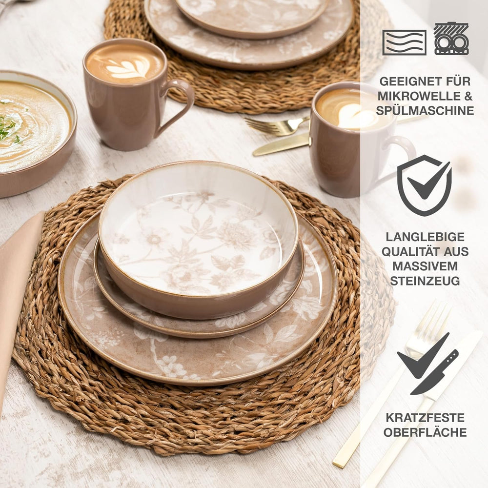 Set de veselă din gresie Moritz & Moritz MARIELLA pentru 6 persoane, 24 de piese - Veselă modernă bej cu un design jucăuș, serviciu de cafea ușor de întreținut cu farfurii, boluri și cești - Set combinat
