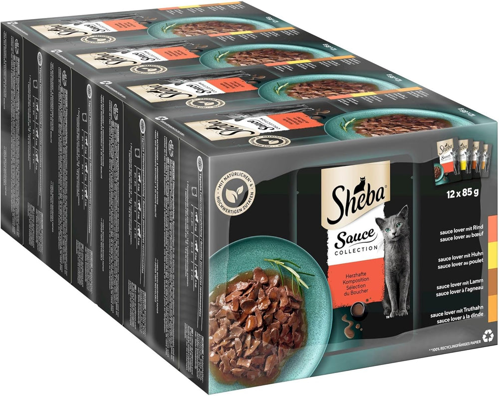Hrană umedă pentru pisici Sheba Sauce Collection, în pliculețe porționate, pachet multiplu cu compoziție sărată, 4x12x85g