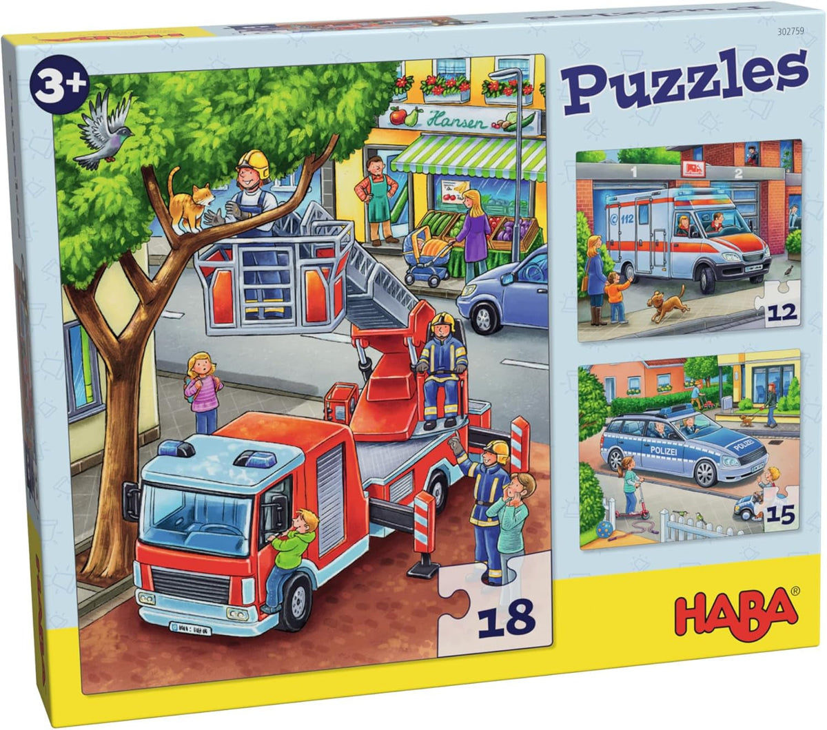 HABA Fire Brigade Puzzle - Set de 3 piese pentru copii cu vârsta de 3 ani și peste, puzzle din carton cu motive de poliție și ambulanță - Promovează abilitățile motorii fine și concentrarea - 1302759001 Puzzle Naty Shop Titlu implicit