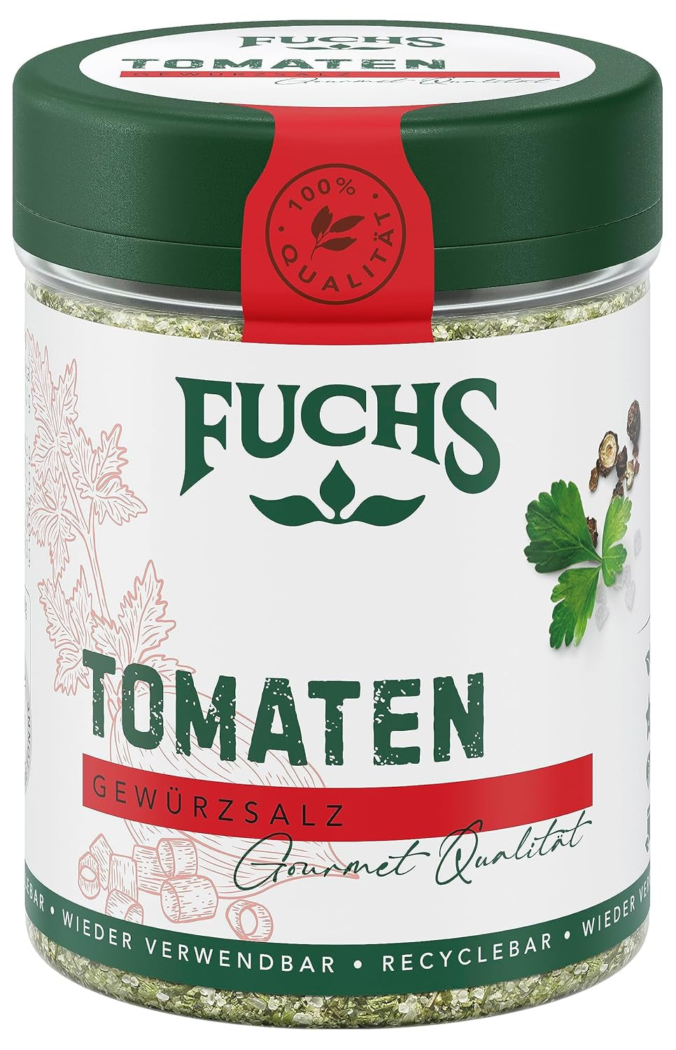Fuchs Gewürze - Tomato Gewürz - Gewürzsalz für Tomatenbrot, Frühstücksei oder Steak - ingredienti naturali - 90 g in wiederverwendbarer, recyclebarer Dose