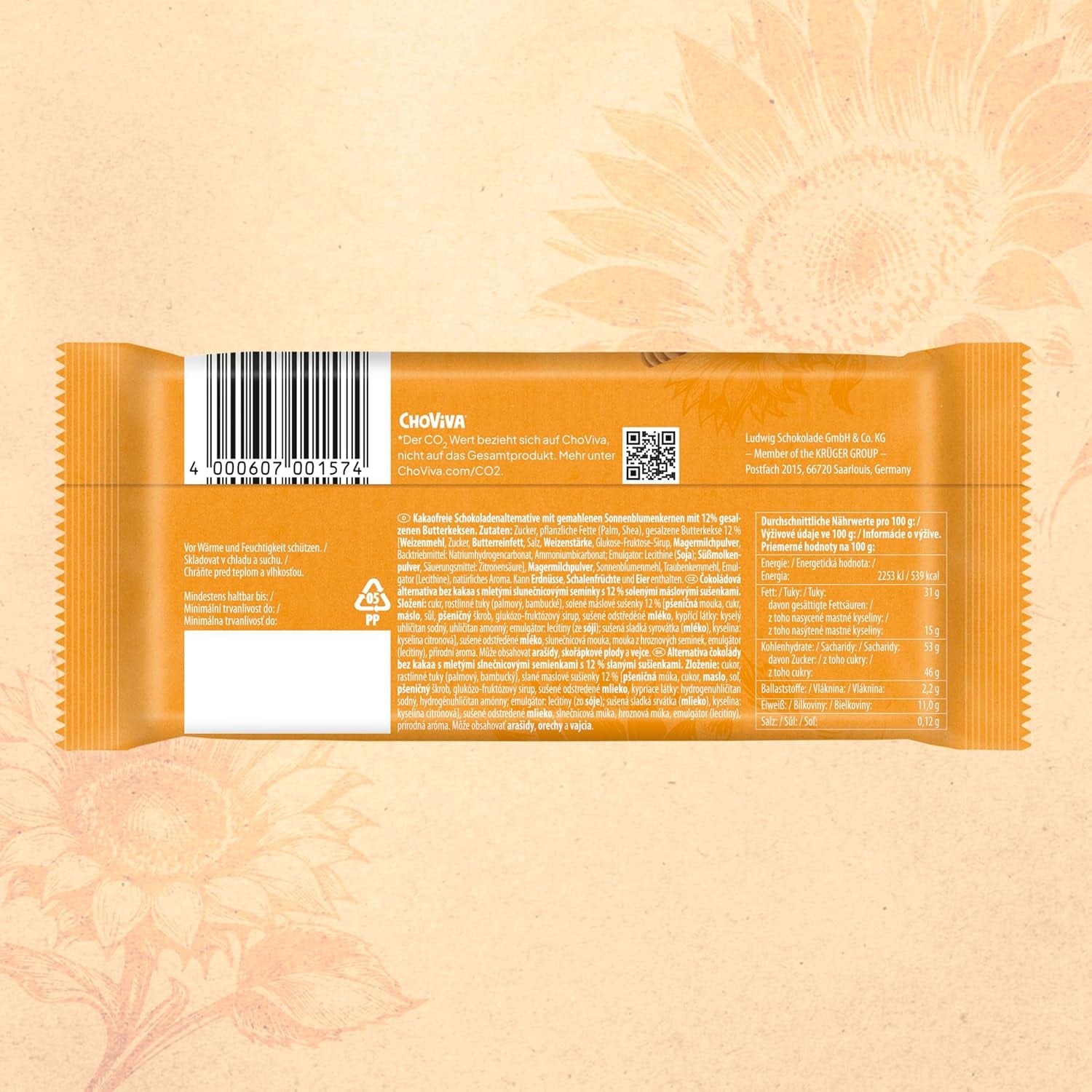 Biscotti al burro salato e ChoViva, barretta da 80 g, a base di cioccolato alternativo con semi di girasole