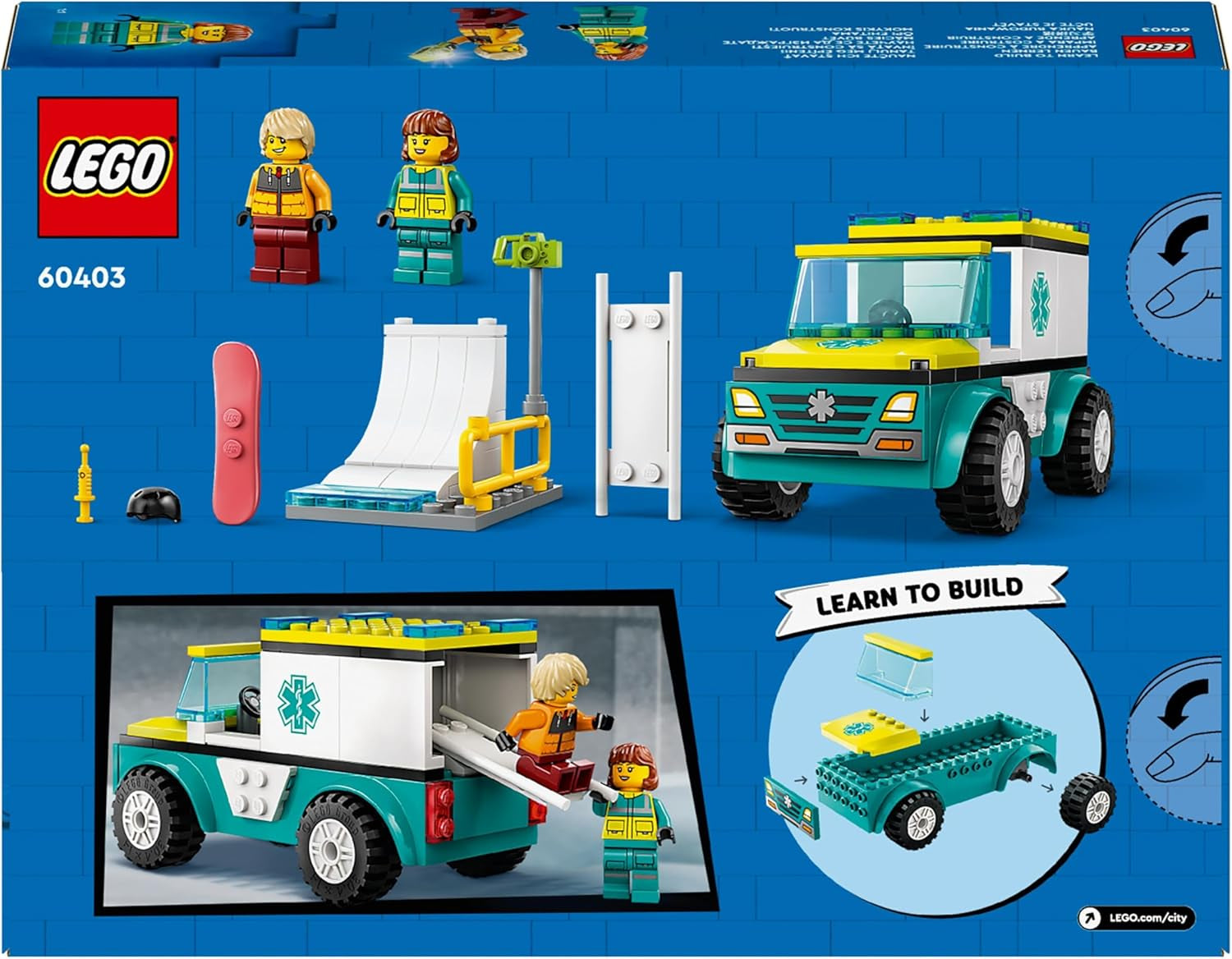 Ambulanza e snowboarder LEGO City, set da gioco ambulanza con macchinina e 2 minifigure, personaggio dello snowboarder e del paramedico, regalo fantasioso per ragazzi e ragazze dai 4 anni 60403 Set da costruzione Besuche den LEGO-Store