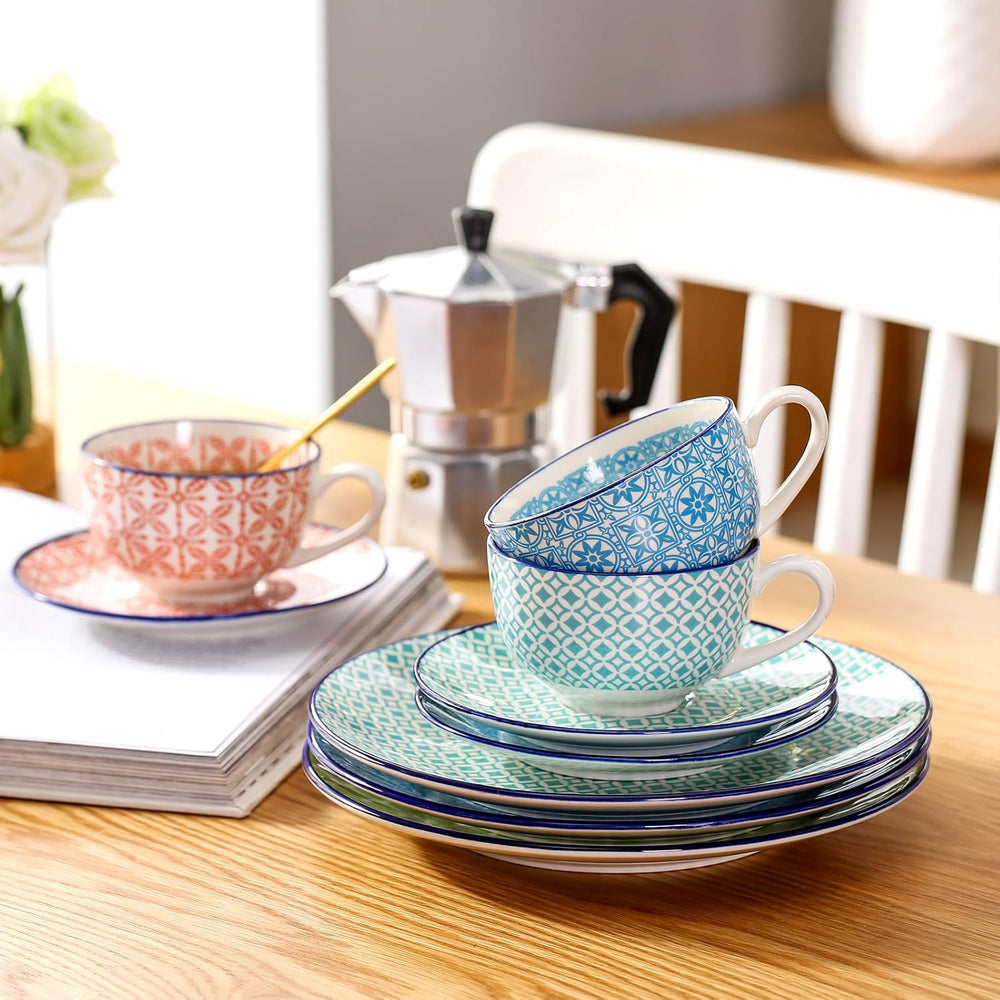 Set de cafea din porțelan, Vancasso Macaron, serviciu de cafea colorat cu 12 piese pentru 4-12 persoane, set de cești, include cești de cafea, farfurioare și farfurii de desert