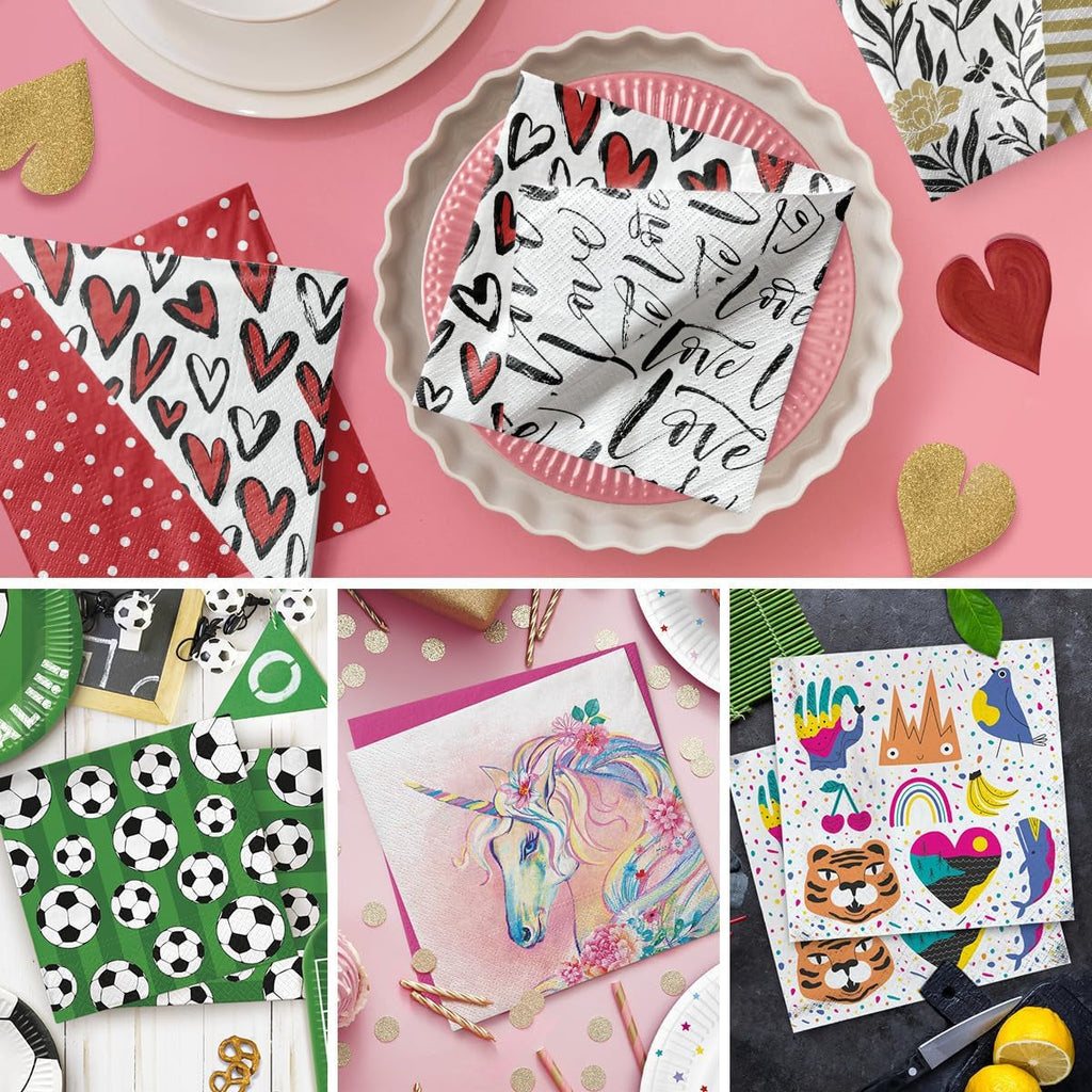 PAW - Șervețele 3 straturi (33 X 33 Cm) I 20 de bucăți I Perfect pentru petreceri, zile de naștere, sărbători I Decorațiuni de masă pentru petreceri pentru copii - Șervețele de hârtie colorate cu motiv - fotbal I minge de fotbal (pachet cu 2)