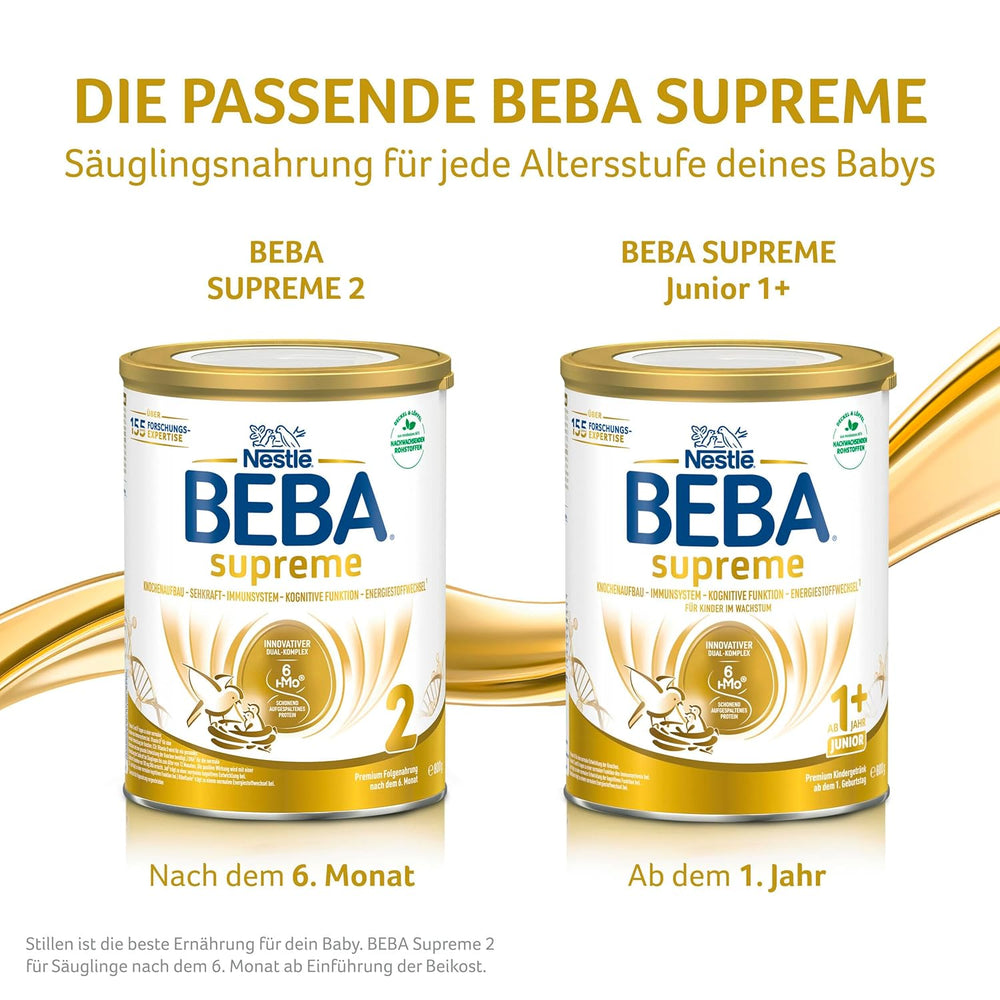 BEBA SUPREME JUNIOR 1 Plus - Bevanda per bambini da 1 anno, con complesso 6 HMO, senza lattosio, senza olio di palma, senza olio di pesce, alimenti per bambini piccoli, latte in polvere per neonati, confezione da 6 (6 x 800 g)