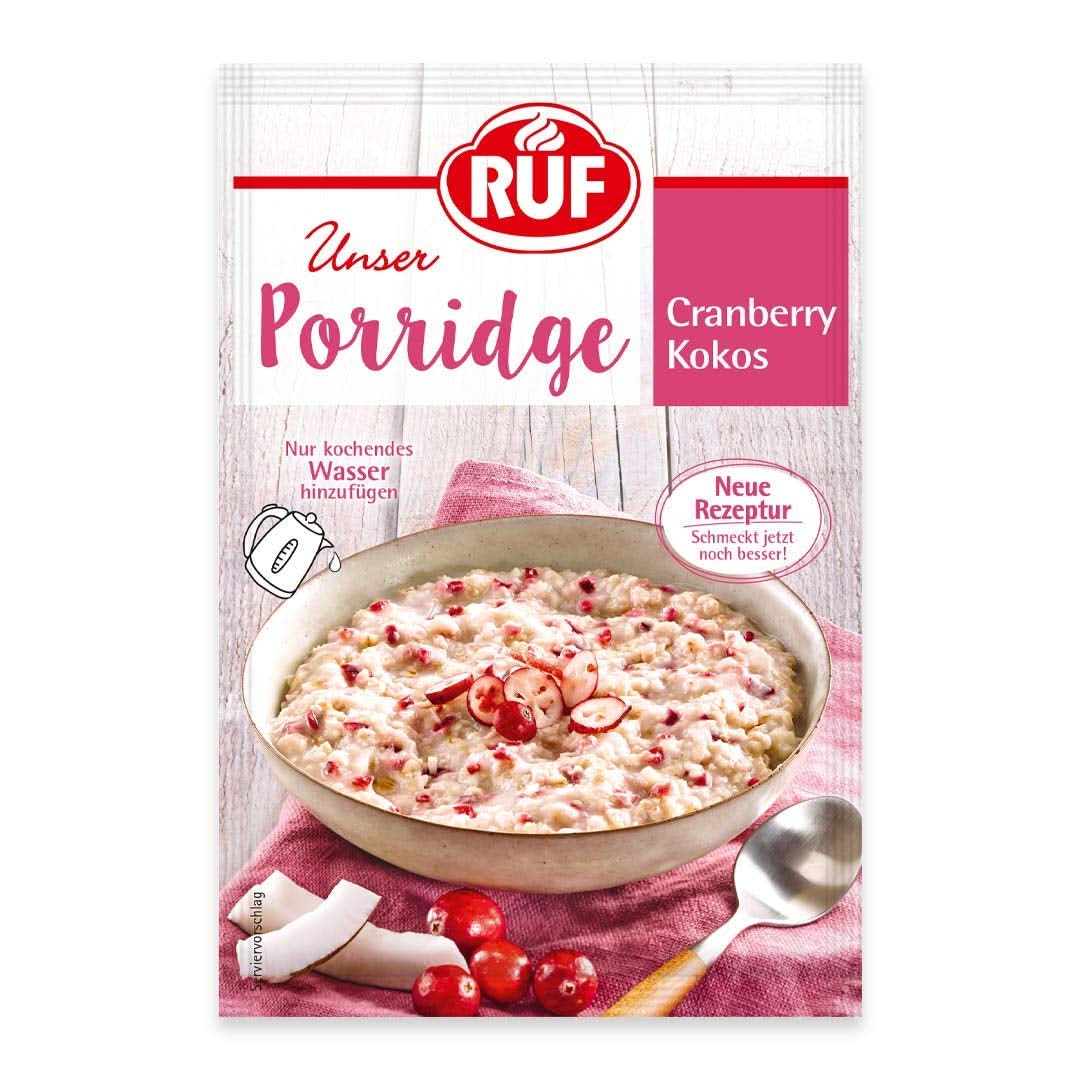 RUF Porridge Raspberry White Choc, Porridge istantaneo con pezzetti di lamponi e cioccolato bianco grattugiato, 65 grammi di cereali Naty Shop 65 grammi di cocco con mirtilli rossi