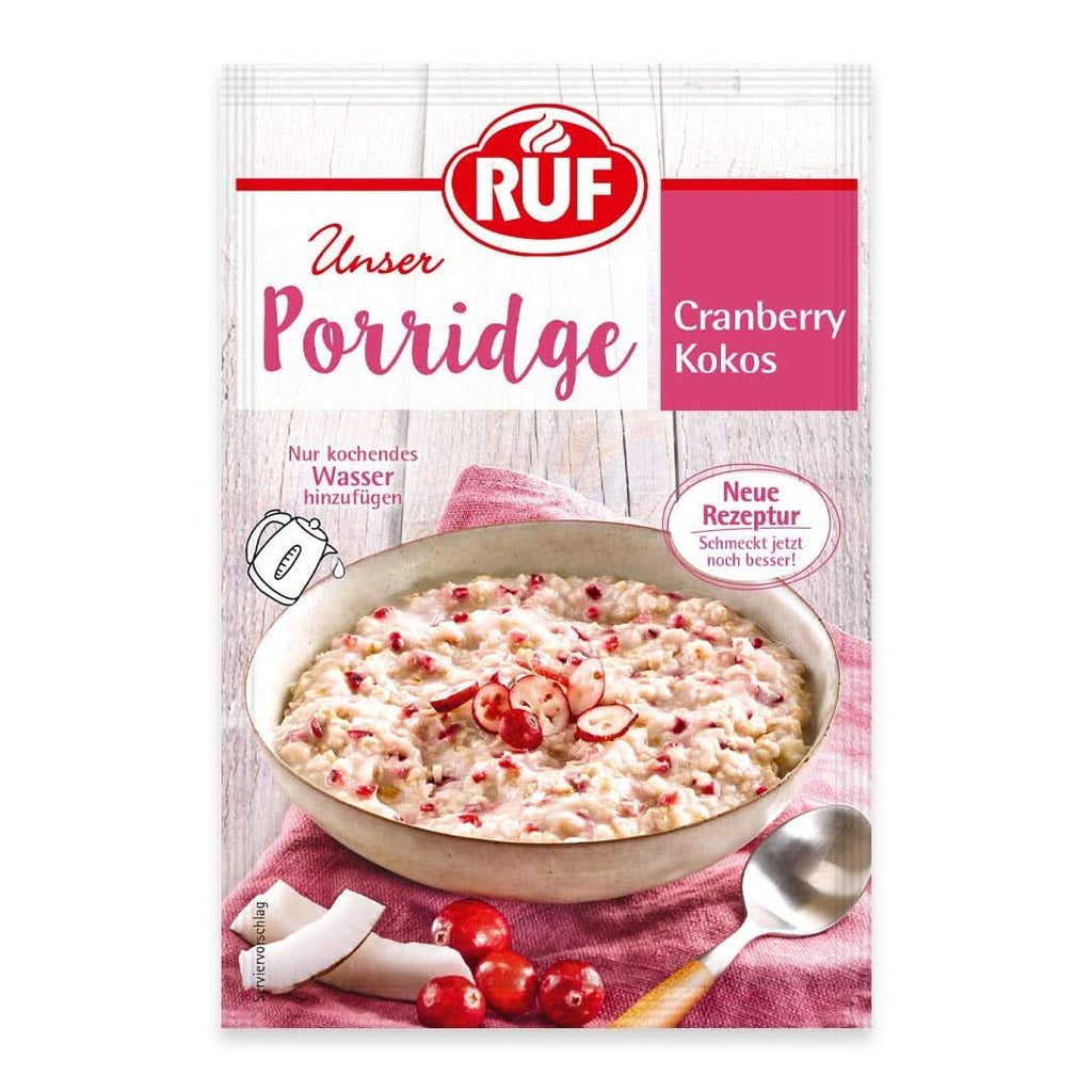 RUF Porridge Raspberry White Choc, Porridge instant cu bucăți de zmeură și ciocolată albă rasă, 65 de grame Cereale Naty Shop 65 grame Nucă de cocos cu merișoare