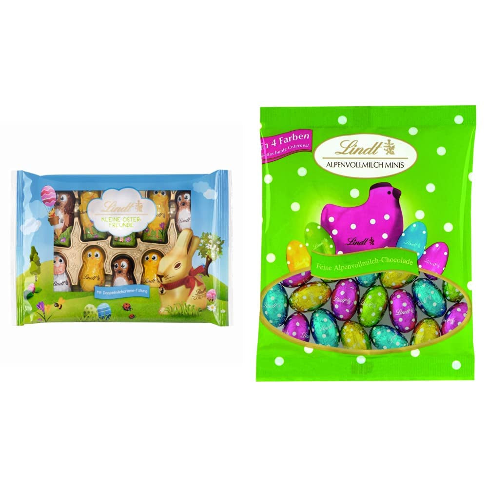 Piccoli Amici di Pasqua al Cioccolato | 2 x 100 g e Mini Uova Decorazione di Cioccolato con Latte Alpino | 2 bustine da 180 g | Uova di cioccolato al latte premium, confezionate in modo allegro e colorato, in quattro colori per Pasqua