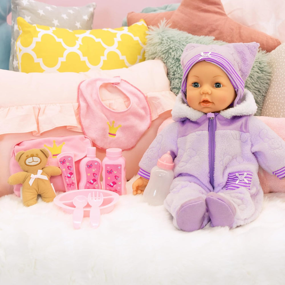 Bayer Design 94694AG 94694AA, Păpușă funcțională, Păpușă interactivă Piccolina Magic Eyes, mișcă gura, clipește și închide ochii, vorbitoare, violet, 46 cm