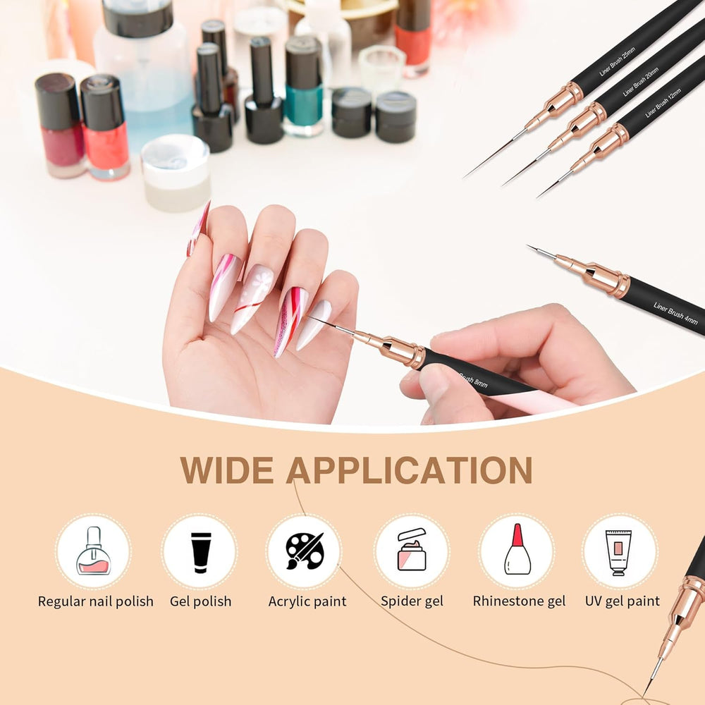 Pensule pentru unghii, 5 bucăți de pensule pentru conturul unghiilor, set de pensule pentru pictură și design, instrument de desen pentru puncte de unghii pentru linii lungi, detalii subțiri, desen fin în dimensiuni 6/9/12/15/18 mm, negru