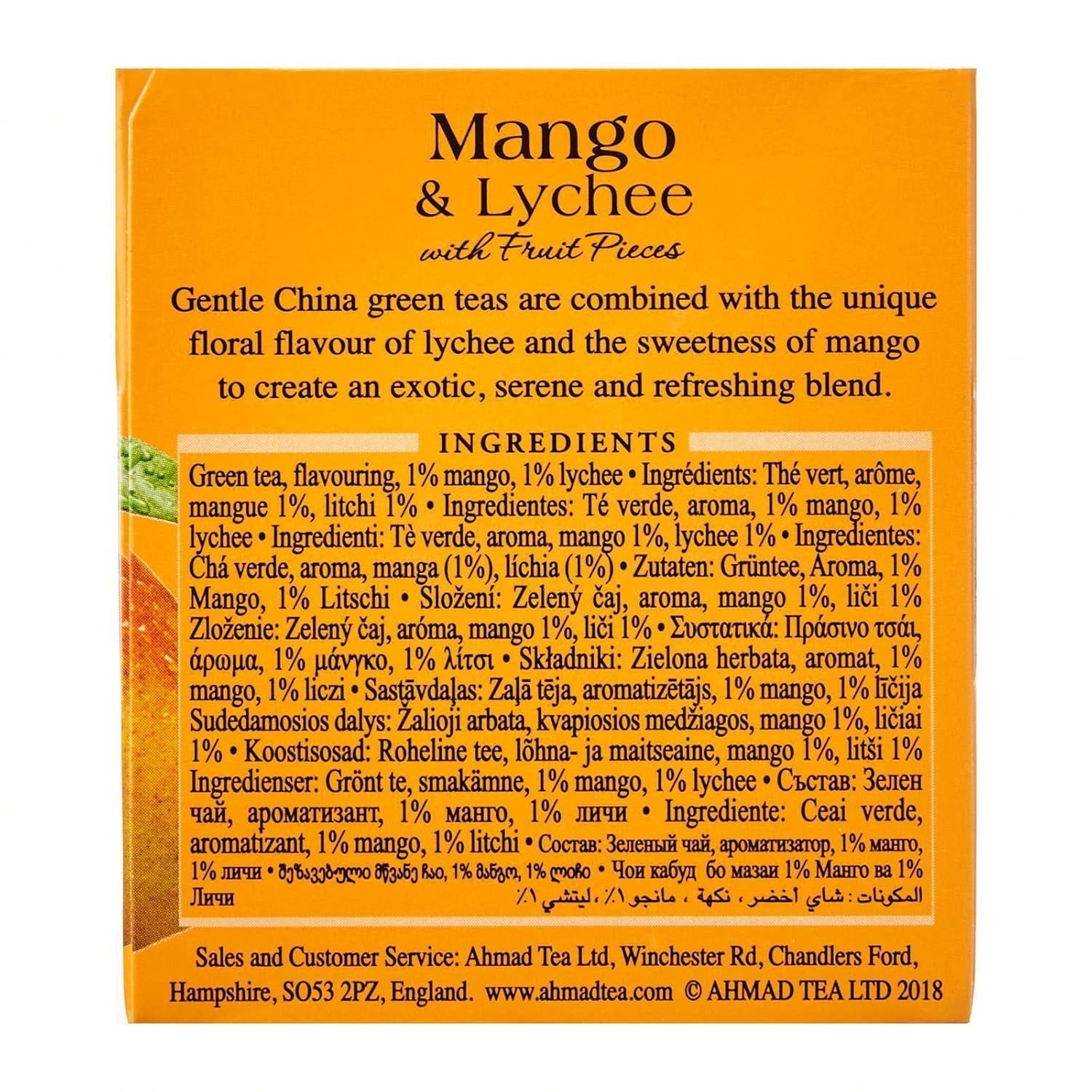 Ahmad Tea - Mango &amp; Lychee - Ceai verde cu mango și litchi - Cu bucăți de fructe - Plicuri de ceai ambalate individual, cu aromă sigilată, cu 2 g de ceai per porție - 20 de pliculețe de ceai cu bandă (pachet cu 2)