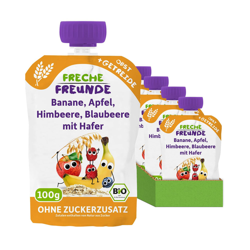 FRECHE FREUNDE sacchetto di frutta biologica banana, mela, lampone, mirtillo con avena, purea di frutta con cereali in sacchetto comprimibile per bambini a partire da 6 mesi, vegano, confezione da 6 (6 x 100 g)