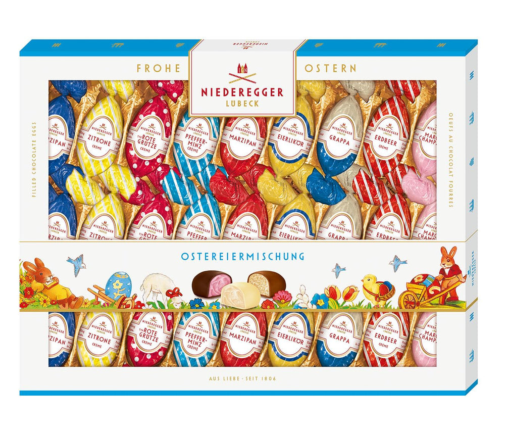 Niederegger | Mix di uova di Pasqua | 1x337 g | Uova di Pasqua con vari ripieni di marzapane e praline | Ricoperto di cioccolato fondente, al latte e bianco | Regalo di Pasqua