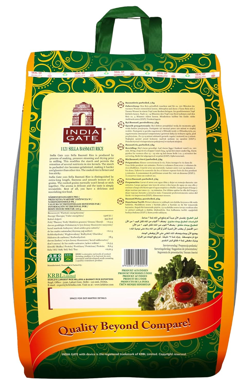 INDIA GATE Riso Sella Basmati, precotto (dall'India, a chicco lungo fine), aromatizzato, confezione sfusa - 1 confezione (1 x 5 kg)