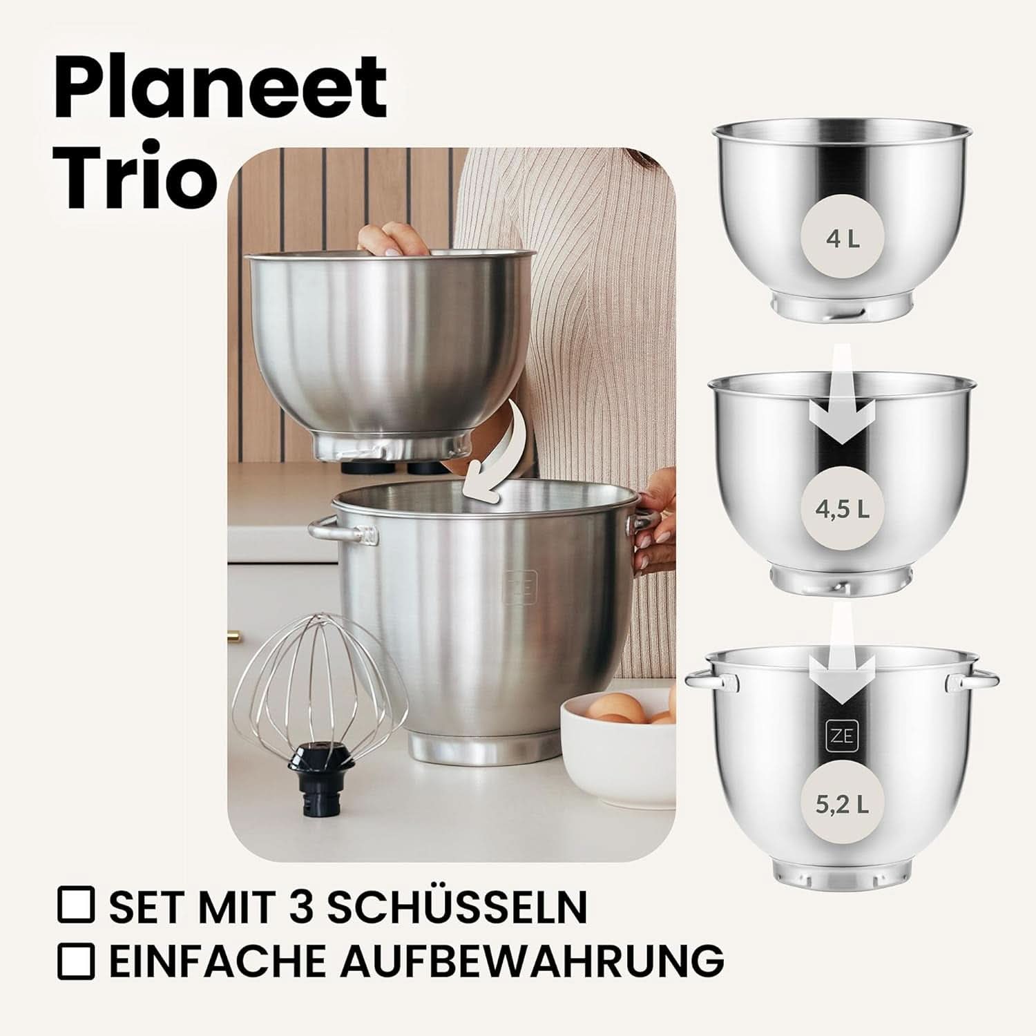 ZEEGMA PLANEET TRIO Planetenroboter, 1500 W, Multifunktionale Küchenmaschine Mit 3 Schüsseln 4 L, 4,5 L Und 5,2 L, 10 Betriebsgeschwindigkeiten, Mixer Mit Haken, Schneebesen (Schwarz) Mama si Copilul Naty Shop