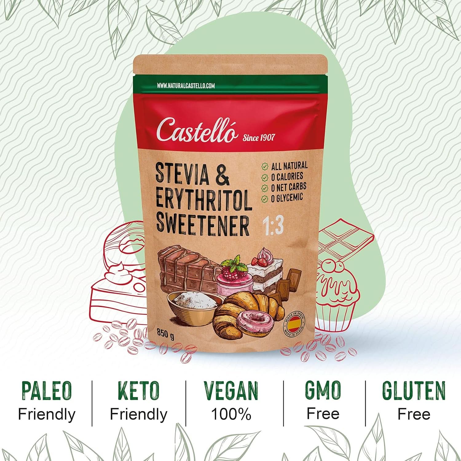 Dolcificante Stevia + Eritritolo 1:3, 1G = 3G Zucchero, 850 grammi Dolcificanti Naty Shop