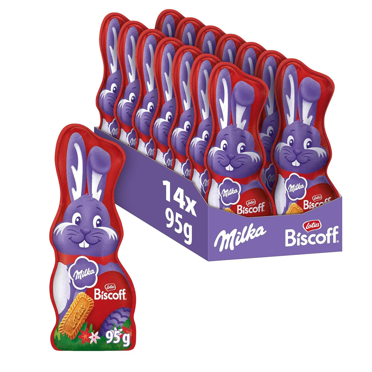 Milka Smiling Bunny Biscoff – delicato coniglietto pasquale con cioccolato e pezzetti di biscotti Lotus Biscoff – 95g