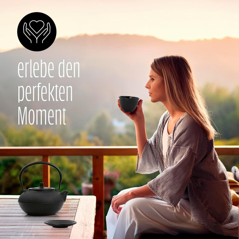 Set de ceai Lumaland cu 8 piese | Ceainic din fontă Tetsubin de 1,4 litri | Încălzitor din fontă | 2 cești de ceai și 2 farfurioare | Set de ceai japonez, inclusiv lingură de măsurat din bambus și infuzor din oțel inoxidabil