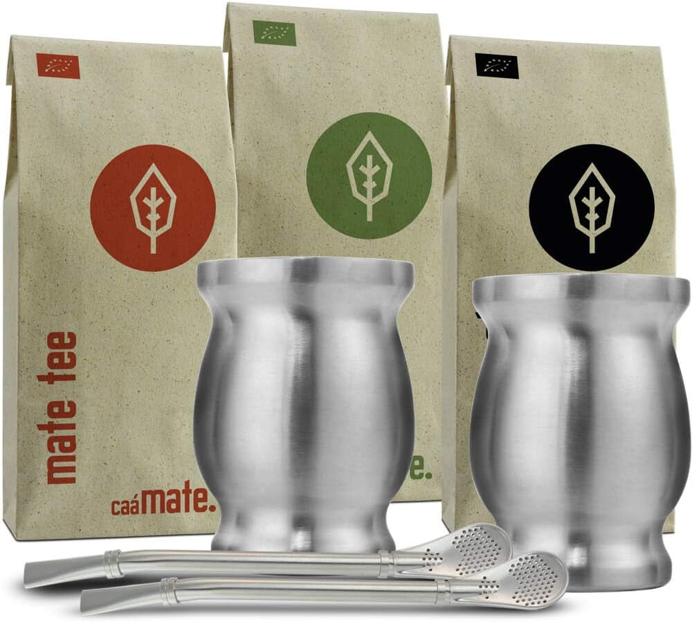 Set ceai Mate Bio ● 3 sortimente de Mate + 2 căni Mate din oțel inoxidabil cu pereți dubli + 2 bombillas + instrucțiuni de preparare (negru)