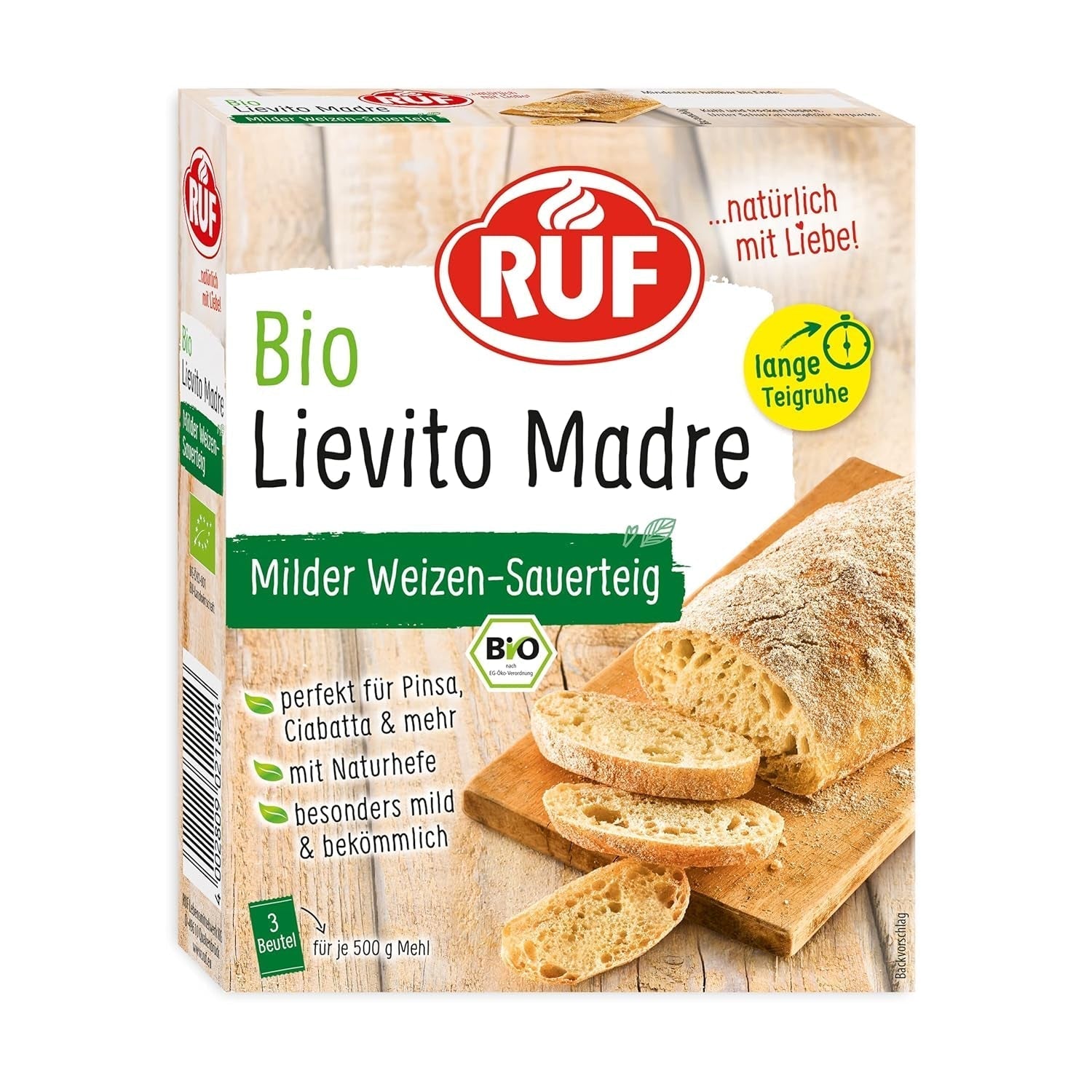RUF Lievito Madre Sauerteig, Milder Weizen-Sauerteig, Mutterteig, Kurze Teigruhe Durch Enthaltene Trockenhefe, Lievito Madre Getrocknet Für Brot, Baguette, Focaccia, 3X35G Miscela per panificazione e cottura Naty Shop 105 G (1Er Pack) Lange Teigruhe