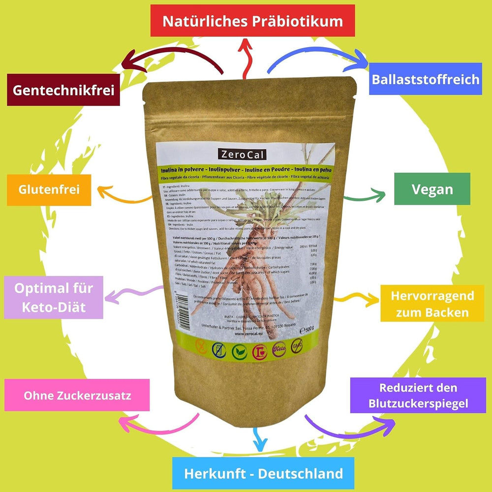 Zerocal - Polvere di Inulina Da Cicoria-Wurzel 500 G | Inulin Mit Hohem Ballaststoffgehalt | 100% vegano e senza glutine | Herkunft Deutschland Dolcificanti Naty Shop