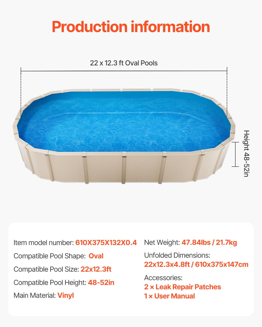 Căptușeală ovală pentru piscină VEVOR, 610x375x147 cm, căptușeală de schimb, căptușeală pentru piscină, căptușeală suprapusă din vinil gros standard, pentru piscine supraterane cu pereți înalți de 132 cm, culoare uni