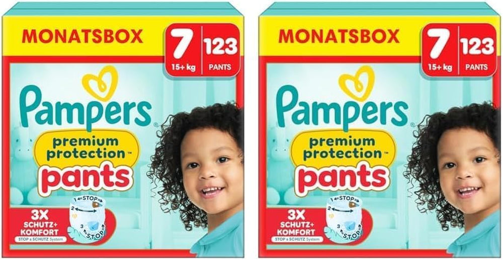 Pantaloni di protezione Premium Pampers taglia 7, 123 pannolini, 15 kg+, con regolazione a 360° e polsini morbidi anti-perdite per comfort e protezione ottimali