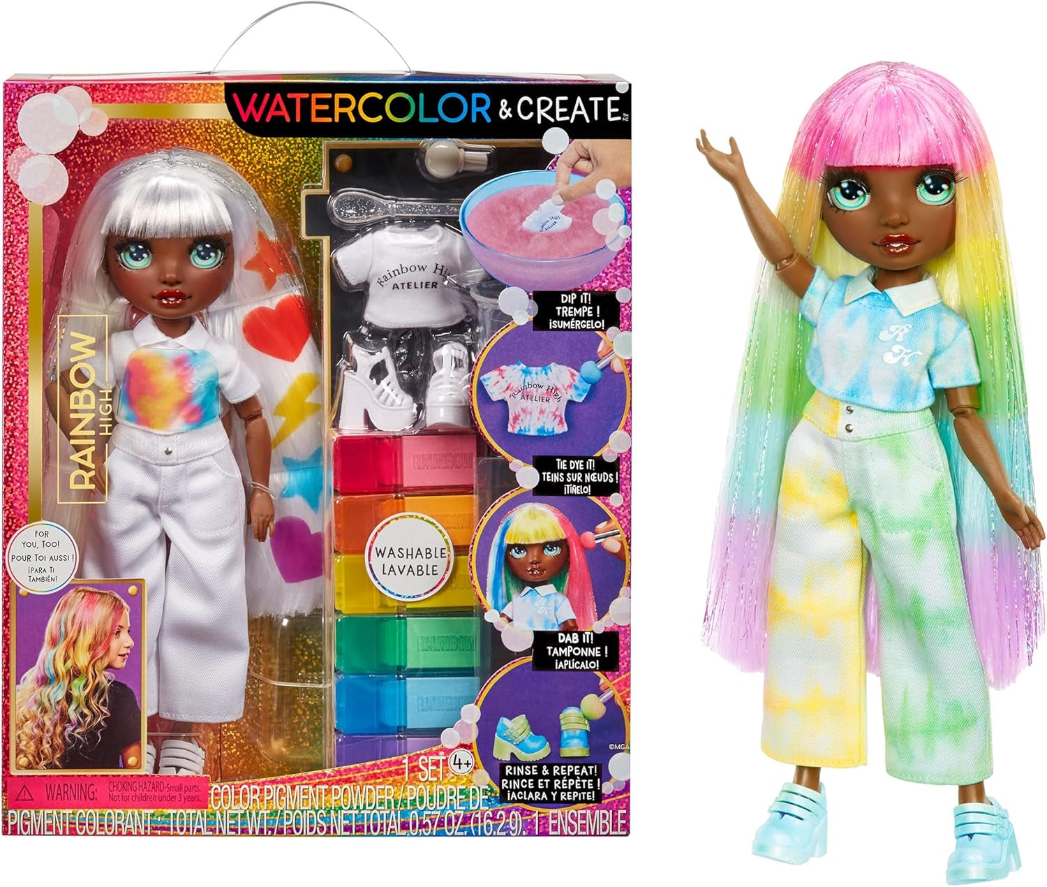 Rainbow High Color & Create DIY Modepuppe - Grüne Augen, Zöpfe, extra Top & Schuhe, abwaschbare Regenbogenstifte - Ausmalen, Gestalten, Spielen, Auswaschen - für Kinder von 4-12 Jahren und Sammler