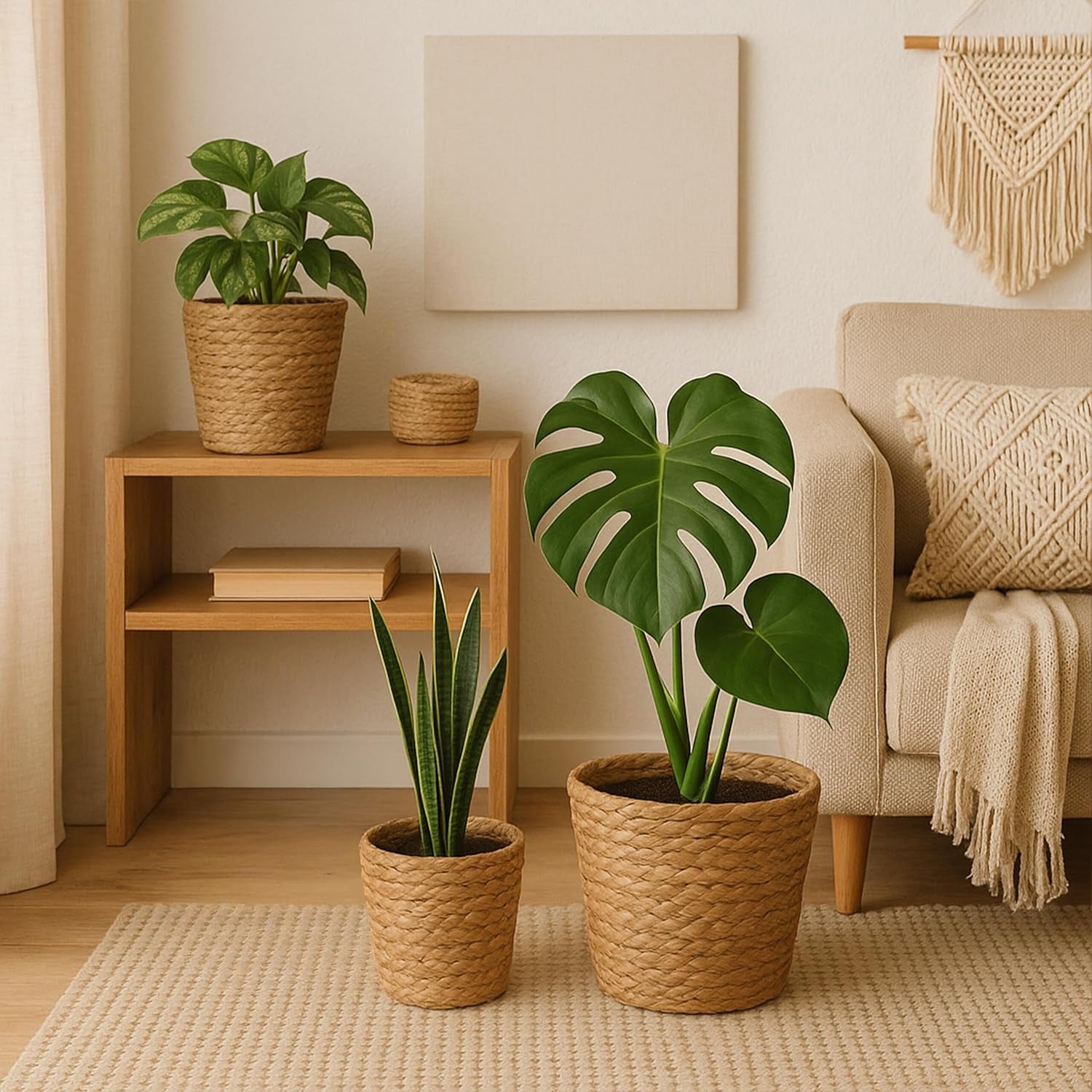 Ghiveci de flori Relaxdays, Set de 3, Stuf, Ghivece de plante cu folie, 3 dimensiuni, Stil Boho, Ghivece rotunde, Natural