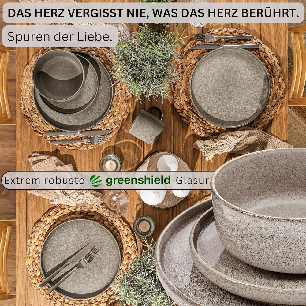 SÄNGER Cairo Clay | Set de veselă 24 piese, set de veselă din gresie pentru 6 persoane, 6 farfurii, 6 farfurii de desert, 6 boluri pentru paste, 6 boluri pentru servire, set de veselă gri | COLECȚIA VALUE