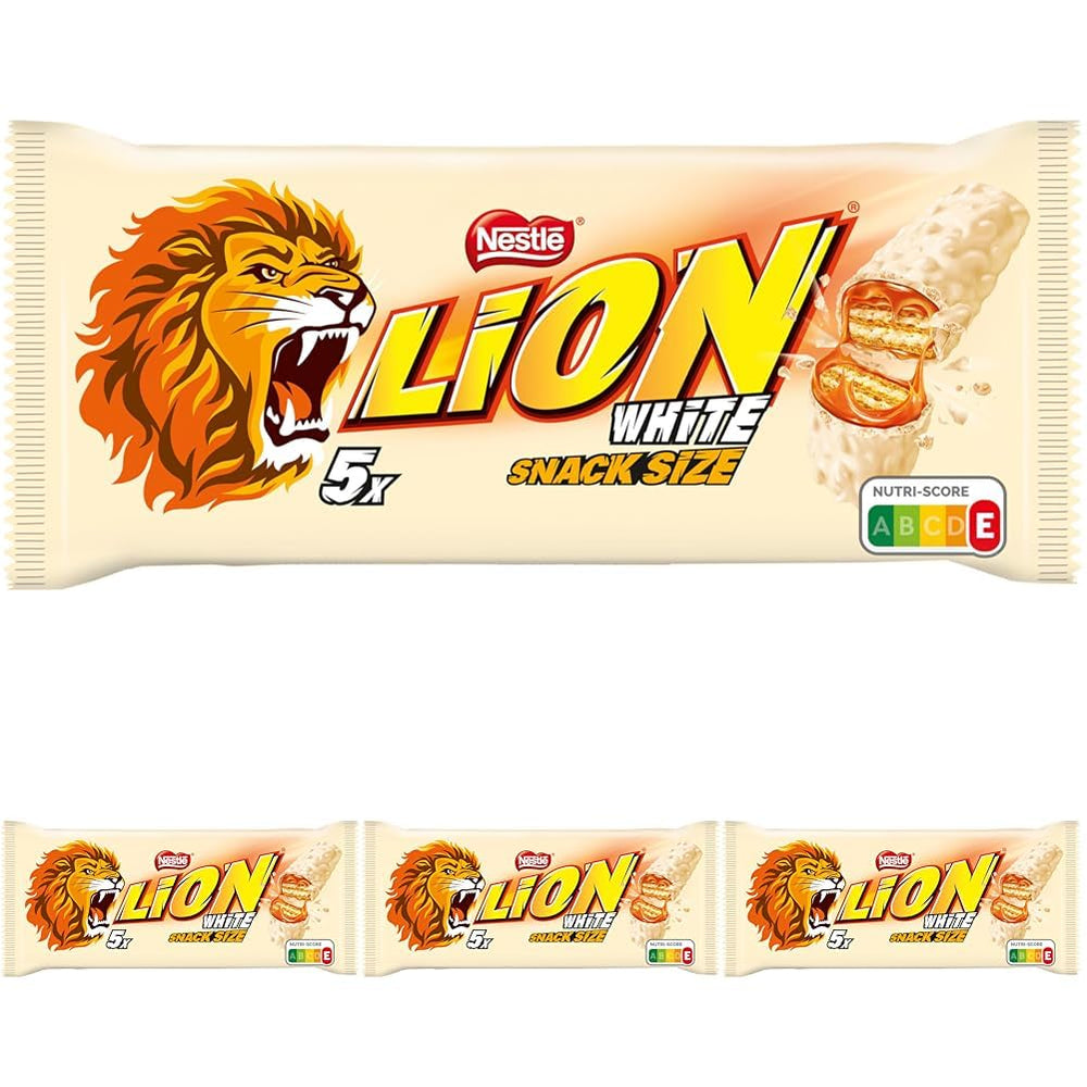 Confezione multipla Nestlé LION, barrette di cioccolato con glassa bianca, delizioso ripieno al caramello e wafer croccante, confezione grande di caramelle, confezione da 4 (5 x 30 g ciascuno)