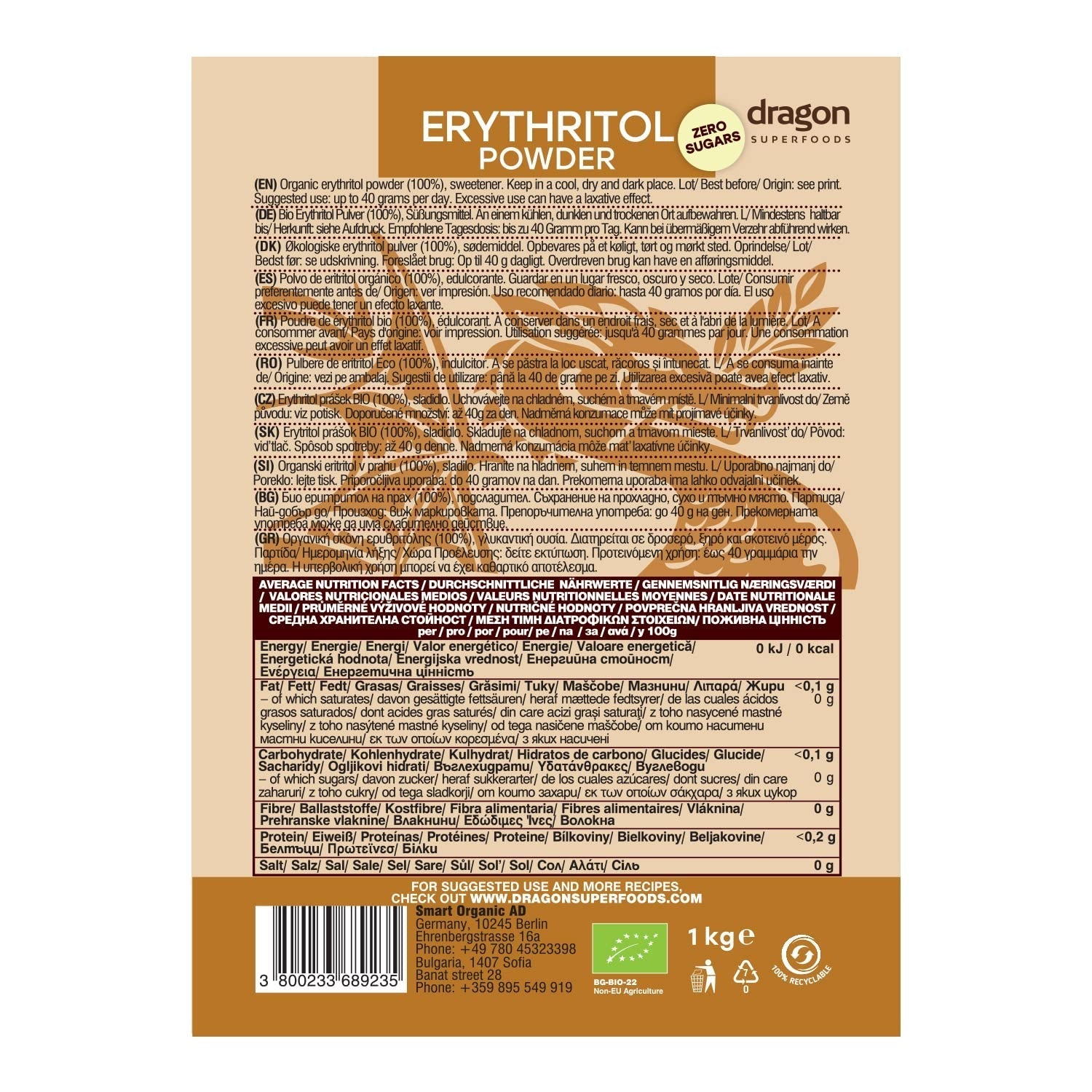 Bio Erythrit - Polvere, 100% Bio, Vegan, Null Kalorien-1Kg Dolcificanti Naty Shop