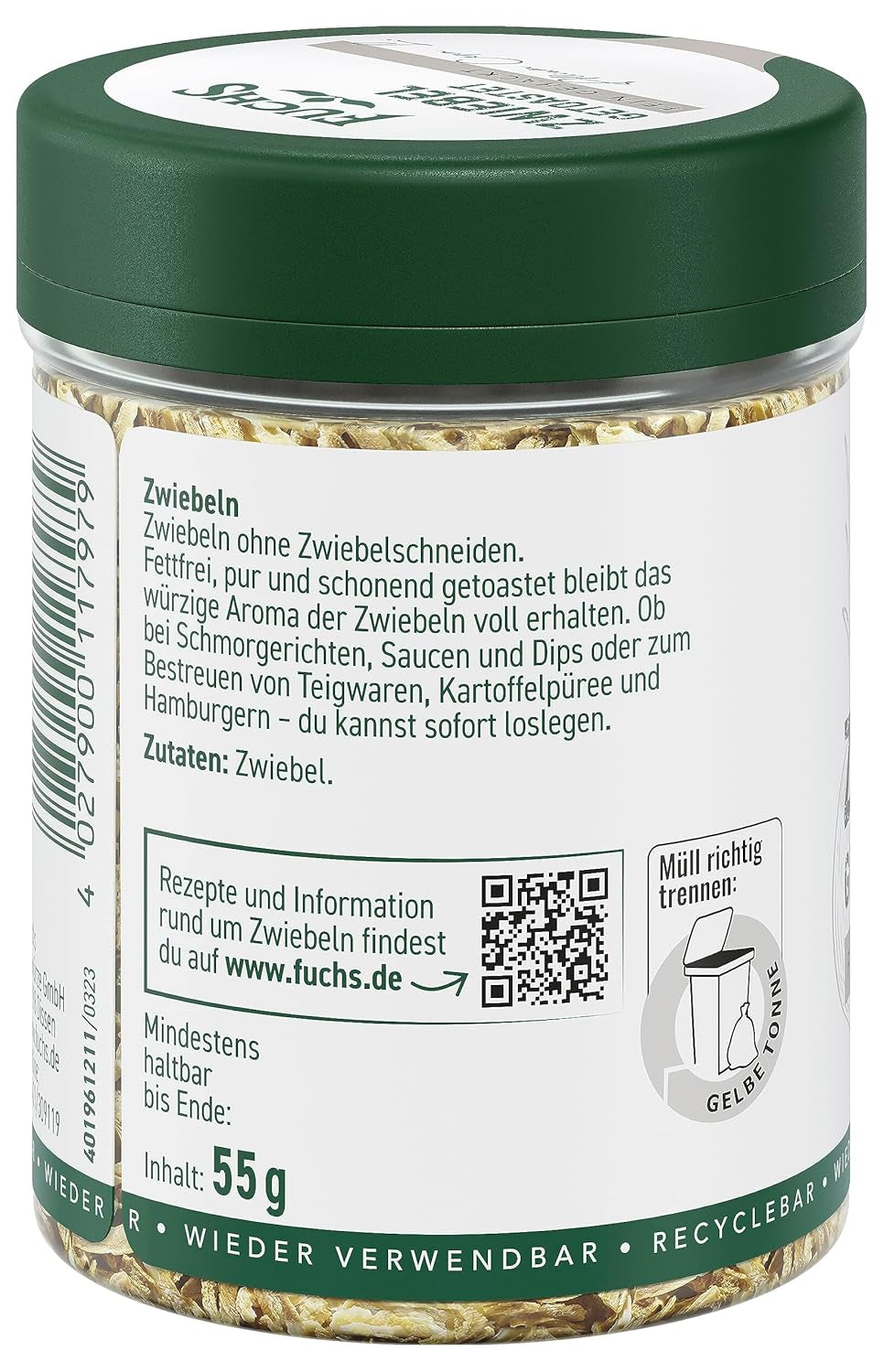 Fuchs Gewürze - Zwiebel getostat - Zwiebeln für Dips, Schmorgerichte oder Hamburger tritato finemente - Ingredienti naturali - 55 g in wiederverwendbarer, recyclebarer Dose
