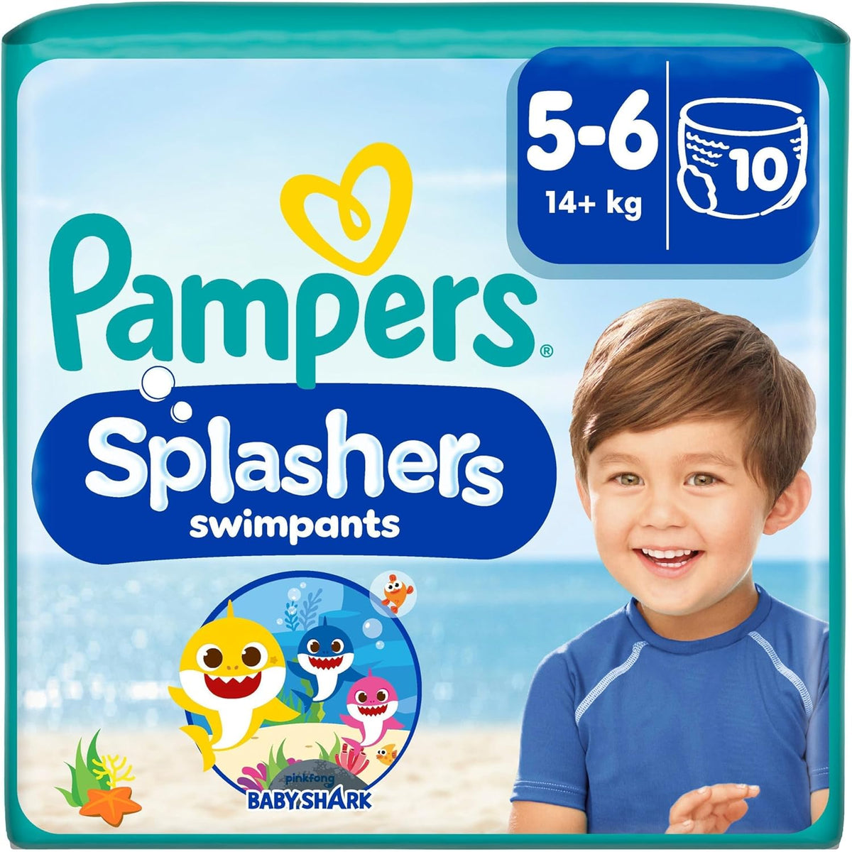 Pampers Taglia 5-6 Splashers Baby Shark Confezione da 10 pannolini da bagno usa e getta in edizione limitata per una protezione sicura dell'acqua