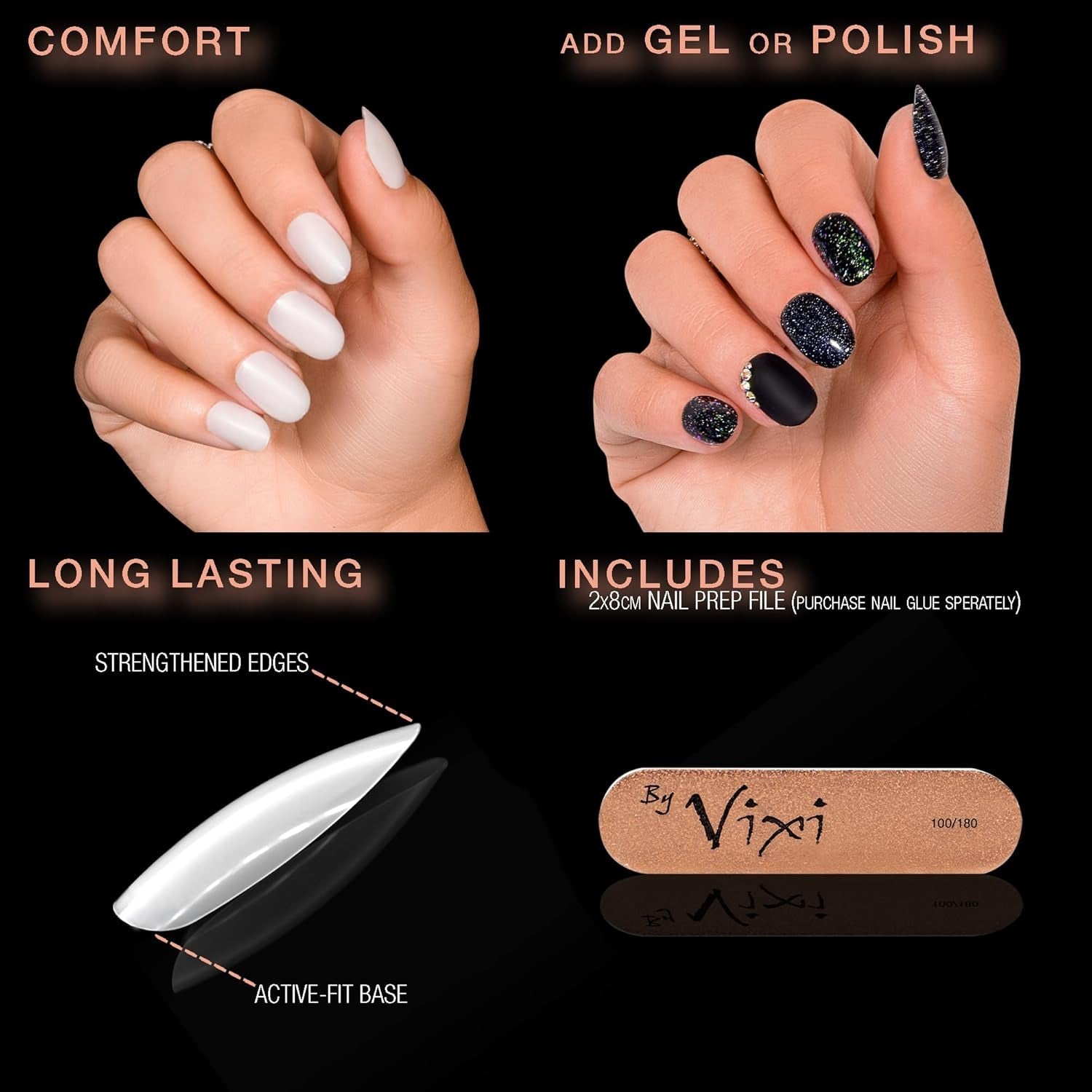 Extensii de unghii Vixi 600 scurte, ovale, cu pilă pregătitoare, 10 mărimi - Acoperire completă, opacă. Pentru profesioniști și uz casnic.