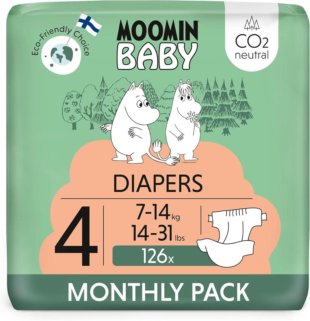 Muumi Baby Newborn Eco Nappies mărimea 1, 2-5 kg, 25 bucăți, scutece premium moi cu indicator de umezeală Mama si Copilul Naty Shop 4, 7-14kg, 126 bucăți