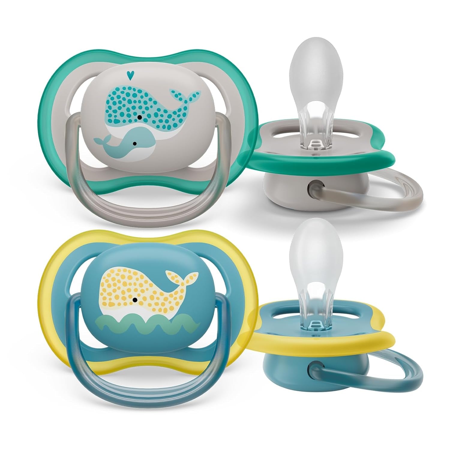 Suzetă Philips Avent Ultra Air - set de 2 suzete, fără BPA, respirabile, pentru bebeluși de la 18 luni, inclusiv cutie de transport și sterilizare, Whale/Whale (Model SCF349/24)
