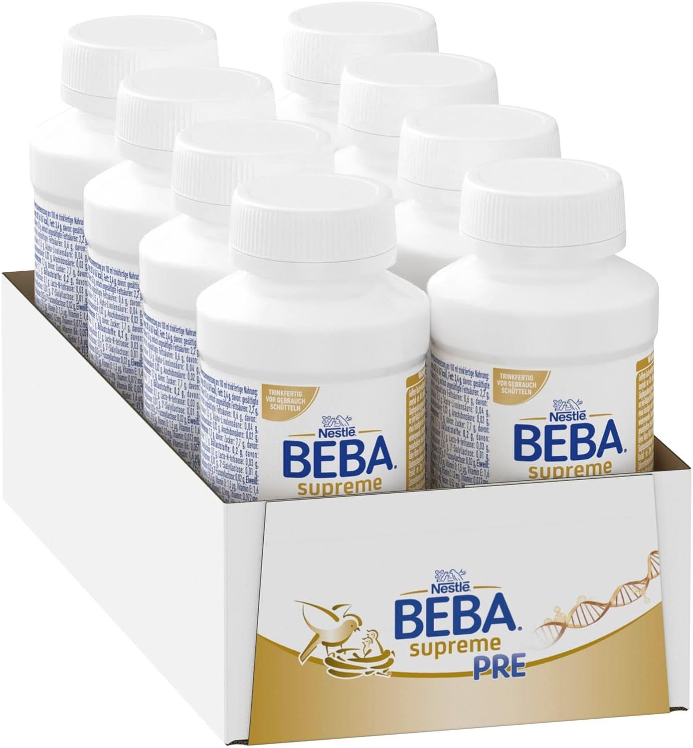 BEBA SUPREME PRE Latte iniziale pronto da bere dalla nascita, omogeneizzato con DHA, solo lattosio, senza olio di palma, confezione da 8 (8 x 200 ml) Mother and Baby Naty Shop Set biberon 8 x 200 ml