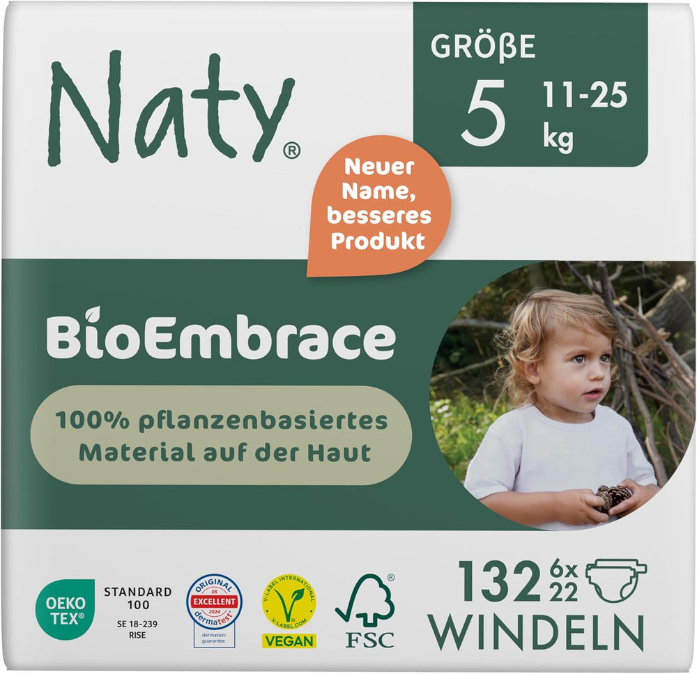 Pannolini per bambini Naty BioEmbrace, taglia 5 (11–25 kg) | Materiali 100% vegetali, delicati sulla pelle | Morbidezza traspirante, dermatologicamente testato, ottimo assorbimento | 80 pezzi.