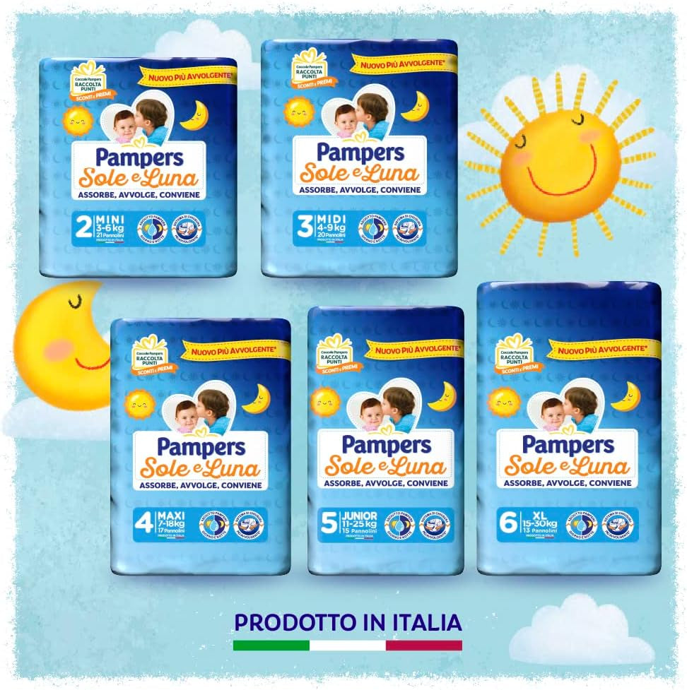 Pannolini Pampers Sun and Moon, unisex, junior, taglia 5 (11-25 kg), 120 pannolini