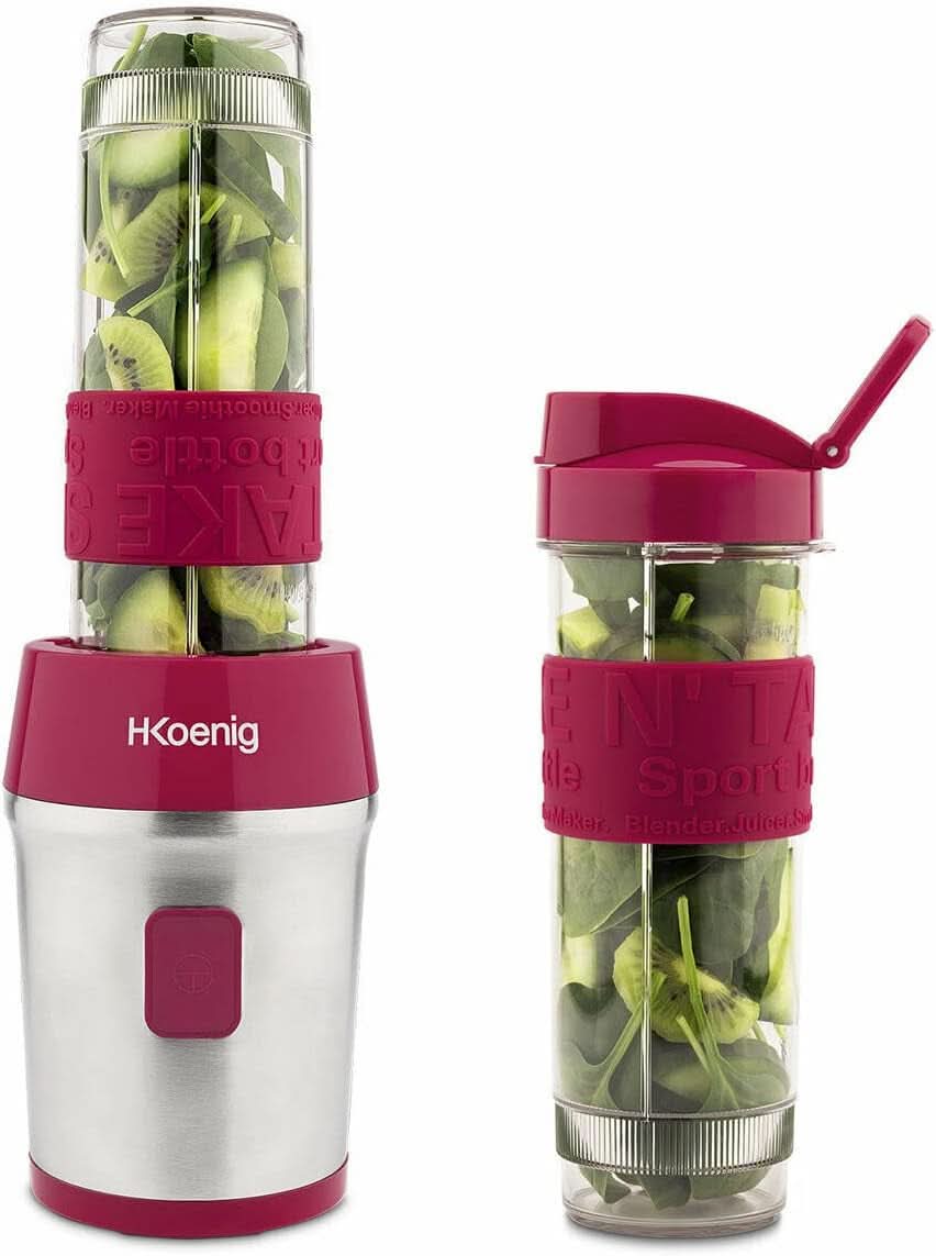 H.Koenig Smoothie Maker SMOO9 - Mini Standmixer - Mini Blender - 300 Watt - 570 Ml - Edelstahl - 2 Kunststofflaschen - Bpa-Frei, Grau Bucatarie Naty Shop Pink