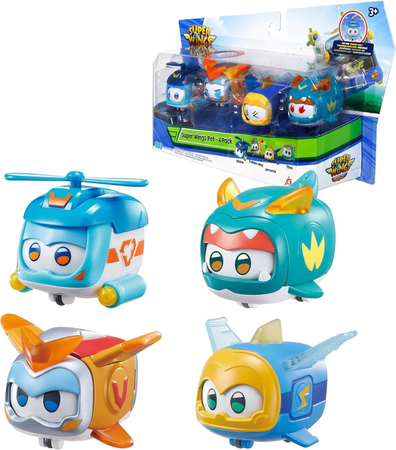 Super Wings Super Pets 4 PCS Shine, Golden Boy, Jerome, Ellie, cu expresie facială comutabilă, cu efect de fulger, portabil, jucărie pentru 3 4 5 6 7 8 ani băiat fată, 2 inci Action figures Naty Shop 4 Pachet B