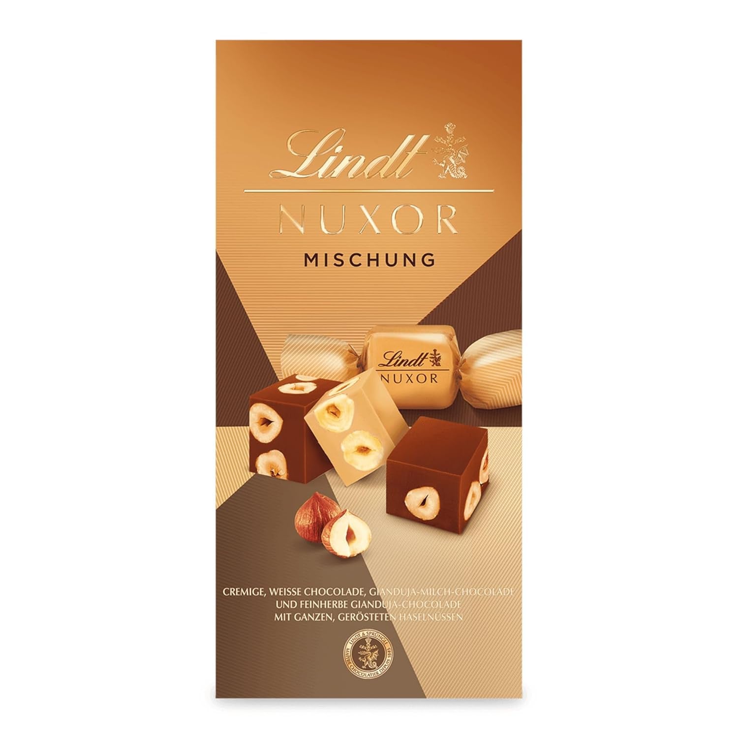 Cioccolata Lindt | Miscela per borsa NUXOR | 103g| Cubi Cremosi di Cioccolato Gianduja in Tre Assortimenti con Nocciole Intere Tostate | Regalo di cioccolato