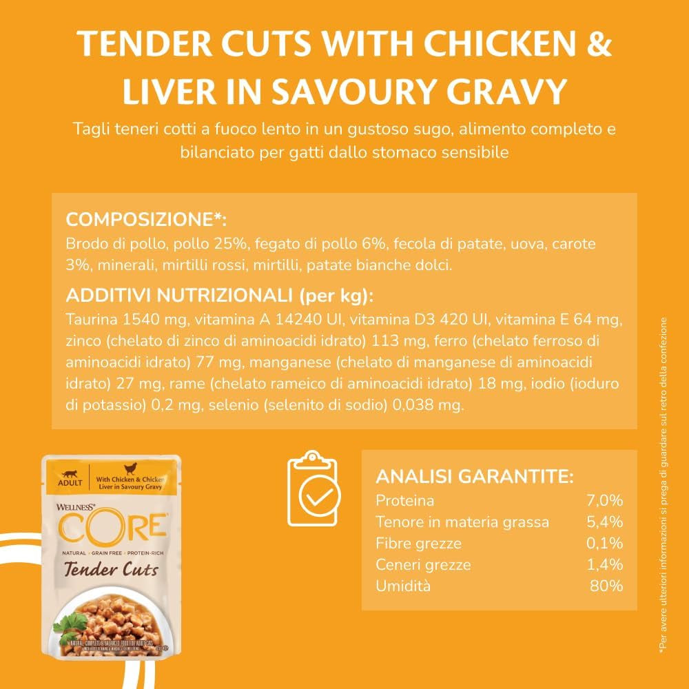 Wellness CORE Tender Cuts 6 x 85g, Mix Selecție de Pui – Hrană umedă pentru pisici, bucăți fragede în sos, fără cereale, naturală, hipoalergenică, bogată în proteine, conținut ridicat de carne