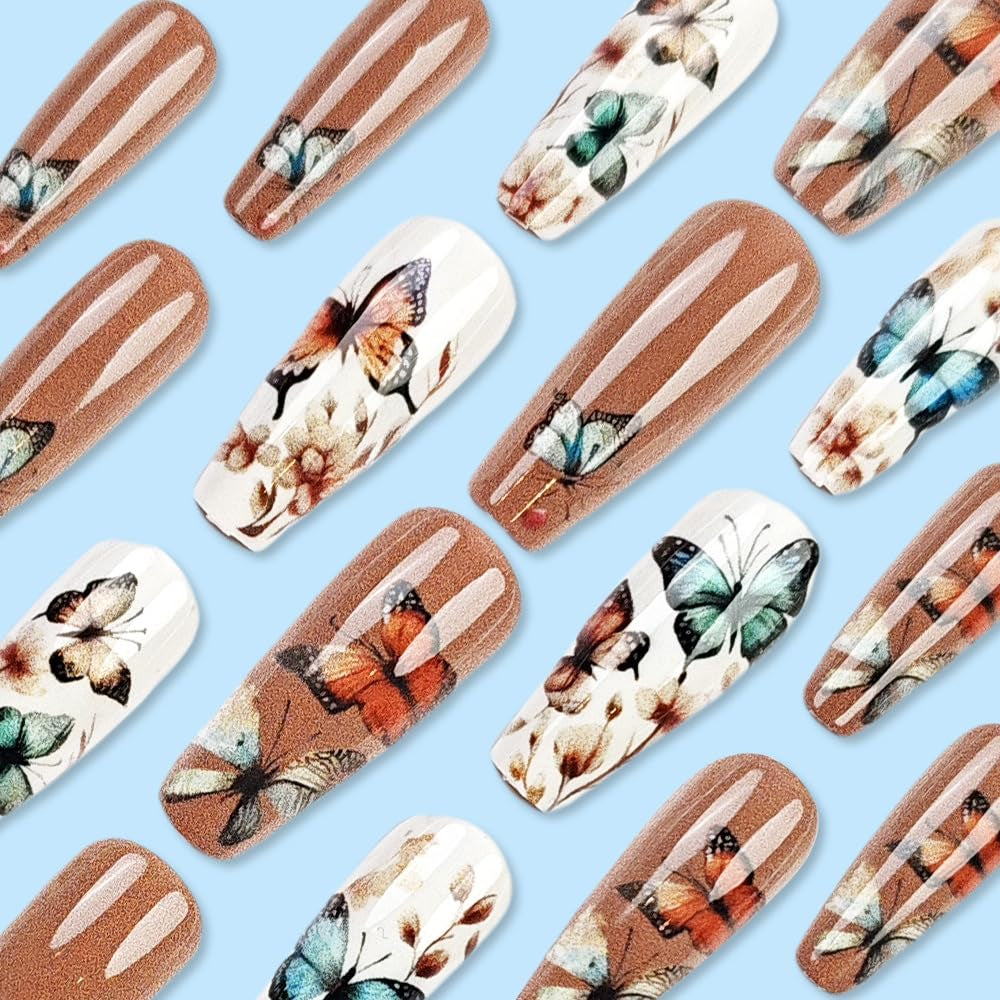 24 buc unghii lungi cu presă pe unghii sicriu unghii artificiale fluture floare unghii adezive alb maro set unghii acrilice sfaturi unghii femei primăvară vară accesorii unghii