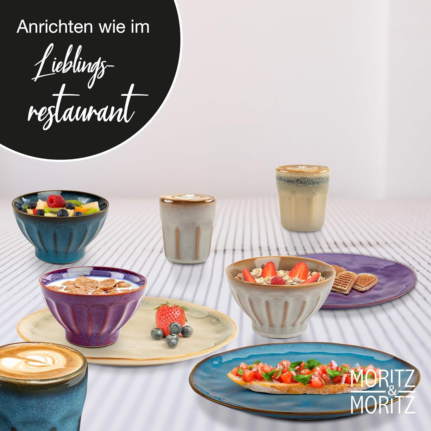 Moritz & Moritz COPA 16-tlg Geschirrset 4 Personen - Elegantes Teller Set aus hochwertigem Steinzeug - Geschirr Set 4 Personen aus je 4x Dinnerteller, Dessertteller, Müslischale & Kaffeebecher