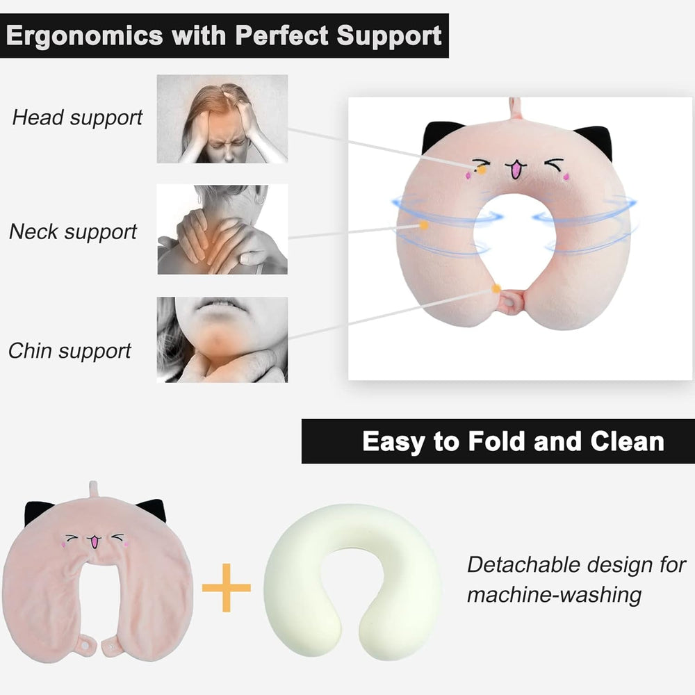Pernă pentru gât, pernă pentru gât copii pentru călătorii cu avionul, mașina, trenul, pernă de călătorie cu spumă de memorie pentru adulți, pernă în formă de U cu motiv drăguț de animale, pernă Capac detașabil (roz2) Perne ortopedice cervicale Naty Shop