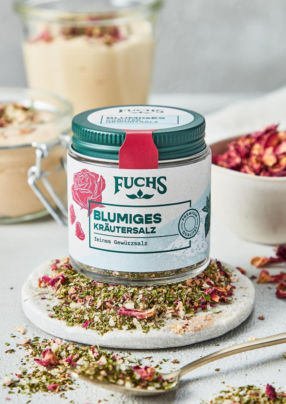 Fuchs Gewürze - Blumiges Kräutersalz | Gewürzsalz mit Rosenblütenblättern, Minze & Salz | Verfeinert Gemüse und Pasta-Gerichte | 45 g nel wiederverschließbaren Gewürzglas